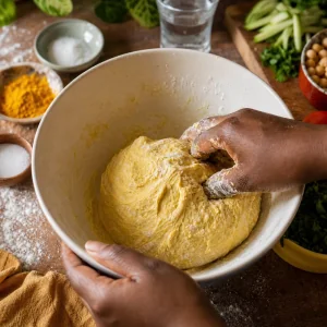 Masa de bara mezclada con cúrcuma en un bol blanco
