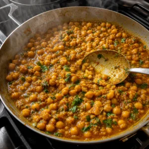 Garbanzos al curry hirviendo suavemente con cilantro