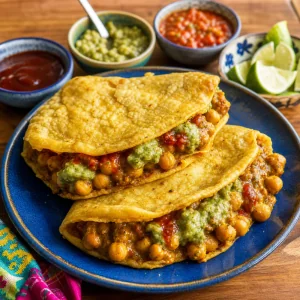 Doubles trinitarios terminados con chutneys y gajos de lima