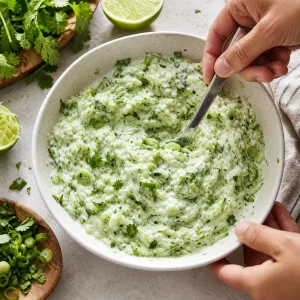Chutney fresco de pepino mezclado con hierbas y lima
