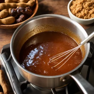 Salsa brillante de tamarindo calentándose en un cazo