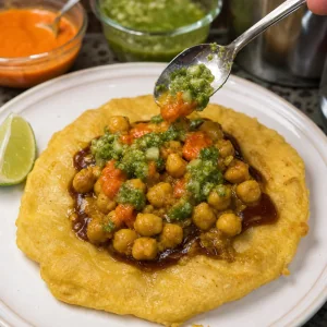 Bara caliente cubierta con garbanzos al curry y chutneys