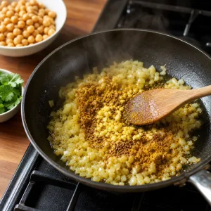 Cebollas cocinándose con curry y comino para el channa