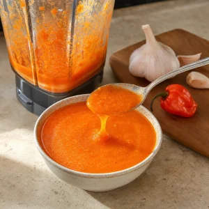 Salsa naranja de chile batida junto a ajo y chiles