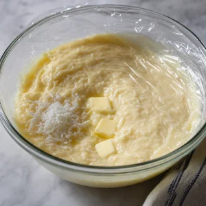 Coconut custard covered with plastic wrap for chilling