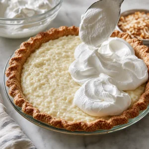 Coconut custard pie topped with whipped cream