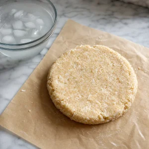 Coconut pie dough pressed into a disk for chilling