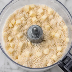 Cold butter pulsed into coconut flour mixture