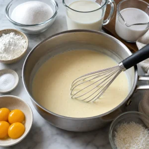Custard ingredients whisked smooth in a saucepan