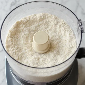 Dry coconut crust ingredients mixed in a food processor