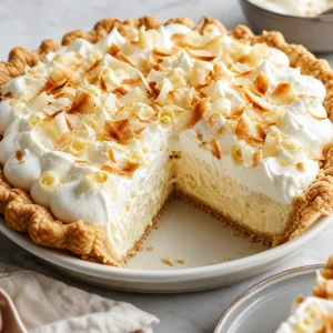 Finished coconut cream pie with toasted coconut and a clean slice removed