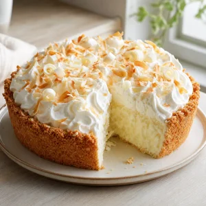Finished triple coconut cream pie with toasted coconut and white chocolate curls