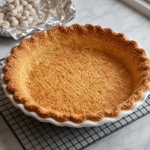 Golden blind-baked coconut pie crust cooling