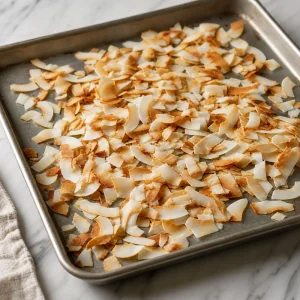 Lightly toasted coconut flakes on a baking sheet