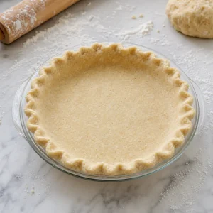 Raw coconut pie shell crimped in a pie plate