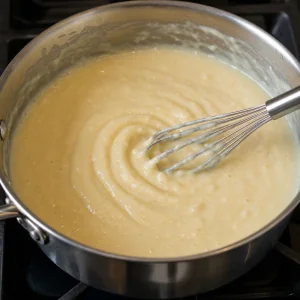 Thick coconut custard holding whisk tracks