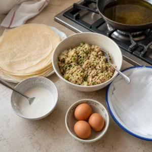 Brik sheets, tuna filling, eggs, sealing paste, and paper towels arranged for frying