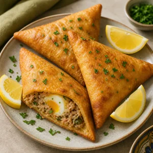 Crisp brik served on a plate with lemon wedges