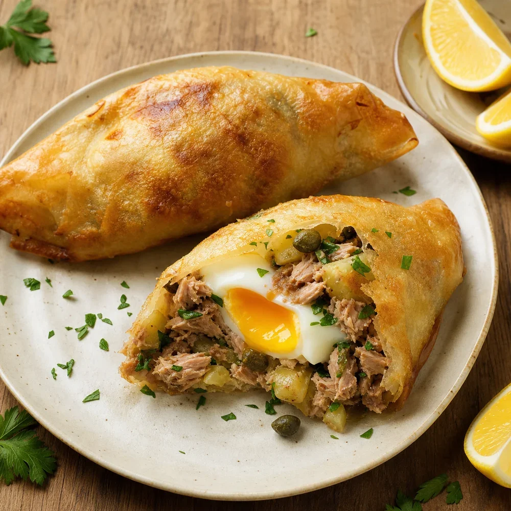 Finished Tunisian brik with tuna, egg, capers, parsley, and lemon wedges