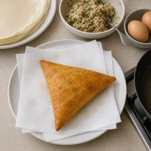 Fried brik draining on paper towels with remaining pastry, filling, and eggs nearby