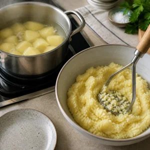 Potato chunks simmering beside a bowl of hot mashed potato