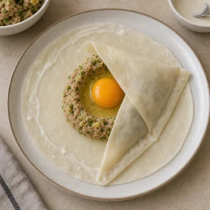 Raw egg in tuna filling as the brik sheet is folded and sealed