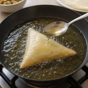 Sealed brik frying in hot oil while oil is spooned over the top