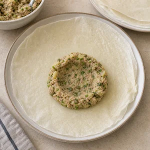Tuna-potato filling shaped into a ring on a raw brik sheet