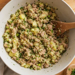 Tuna, potato, parsley, capers, scallions, and spices mixed in a bowl