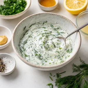 Kraeuterjoghurt in einer kleinen Schuessel verruehrt