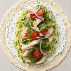 Offene Tortilla mit Pute, Avocado, Gruen und Tomaten