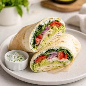 Aufgeschnittener Puten Avocado Wrap mit Kraeuterjoghurt