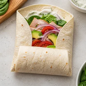 Tortillaseiten um Puten Avocado Fuellung gefaltet