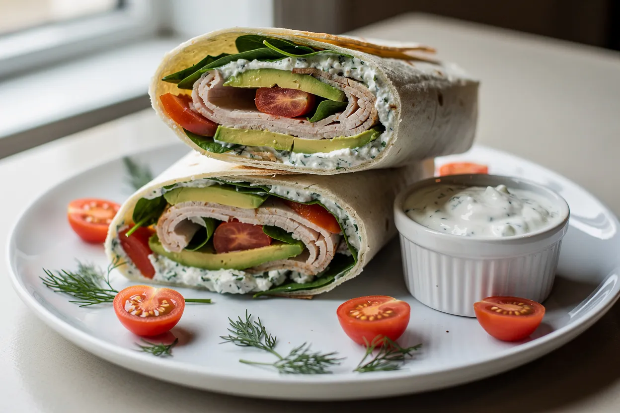 Puten-Avocado-Wrap mit Kräuter-Joghurt und Spinat
