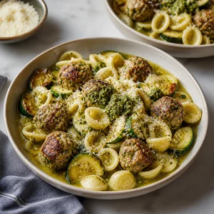 Ciotole finite di orecchiette con polpette di tacchino al pesto, zucchine, parmigiano e pesto