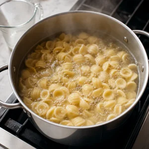 Orecchiette che cuociono in una pentola di acqua salata