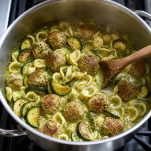 Orecchiette, polpette, zucchine e brodo al pesto riuniti in pentola