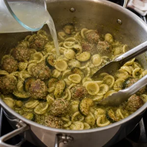 Acqua di cottura aggiunta mentre orecchiette e polpette si mescolano al brodo al pesto
