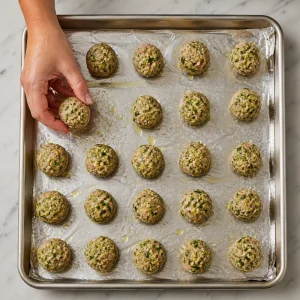 Polpette crude di tacchino al pesto disposte su una teglia