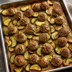 Polpette di tacchino al pesto e zucchine arrostite su una teglia