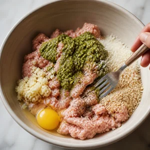 Ingredienti per polpette di tacchino al pesto mescolati in una ciotola