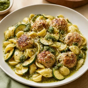 Polpette di tacchino al pesto con orecchiette, zucchine arrostite, parmigiano e brodo al pesto