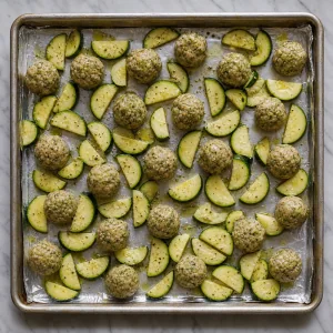 Fette di zucchine intorno alle polpette di tacchino al pesto su una teglia