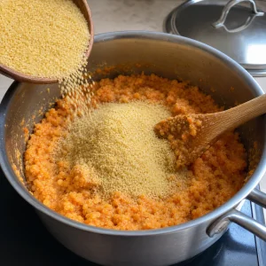 Fine bulgur poured into cooked red lentils