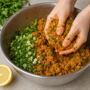 Lentil köfte mixture kneaded with parsley, scallions, and lemon