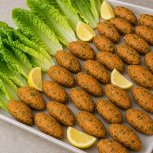 Shaped lentil köfte patties arranged with lettuce leaves and lemon wedges