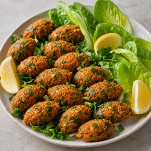 Turkish lentil köfte patties with lettuce leaves and lemon wedges