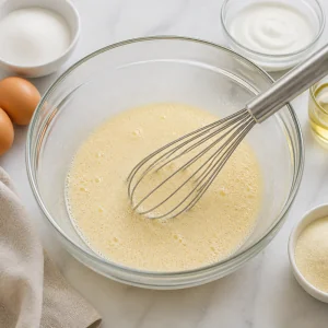 Pale foamy egg and sugar mixture in a mixing bowl