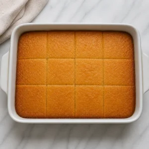Rested syrup-soaked revani cake marked into squares