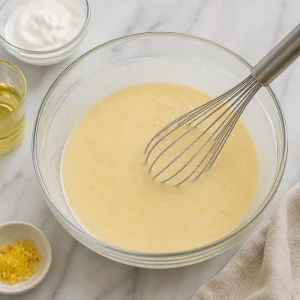 Smooth revani batter with lemon zest in a mixing bowl